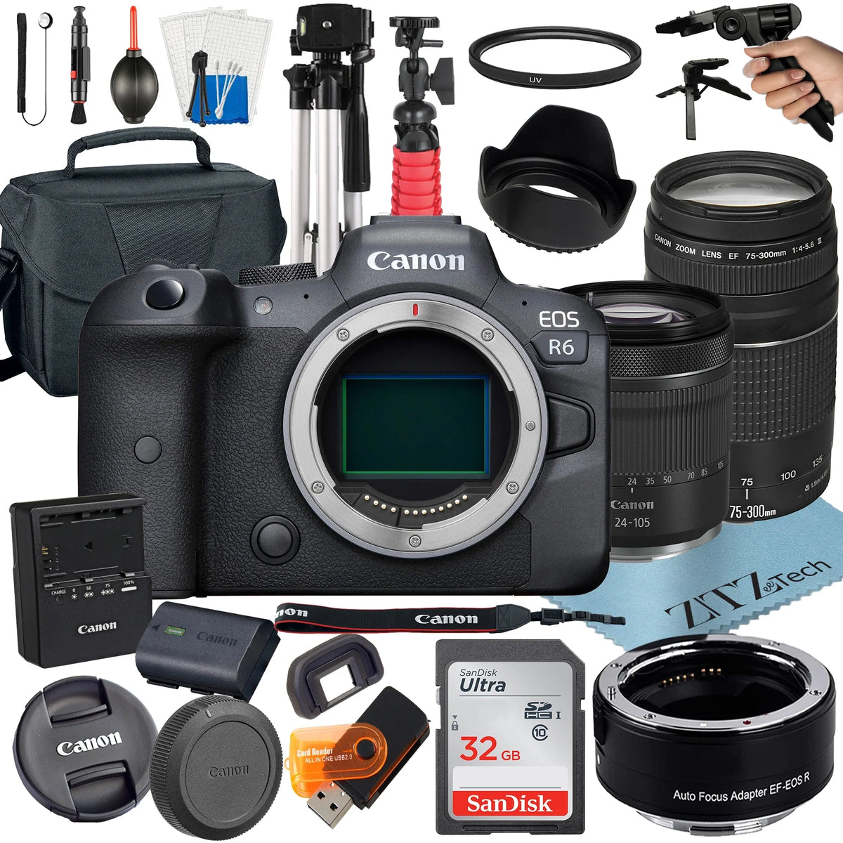 Camera 24-105mm 75-300mm EOS + Adapter STM Mirrorless Mount RF Accessory 32GB with + ZeeTech R6 Lens Canon + SanDisk +