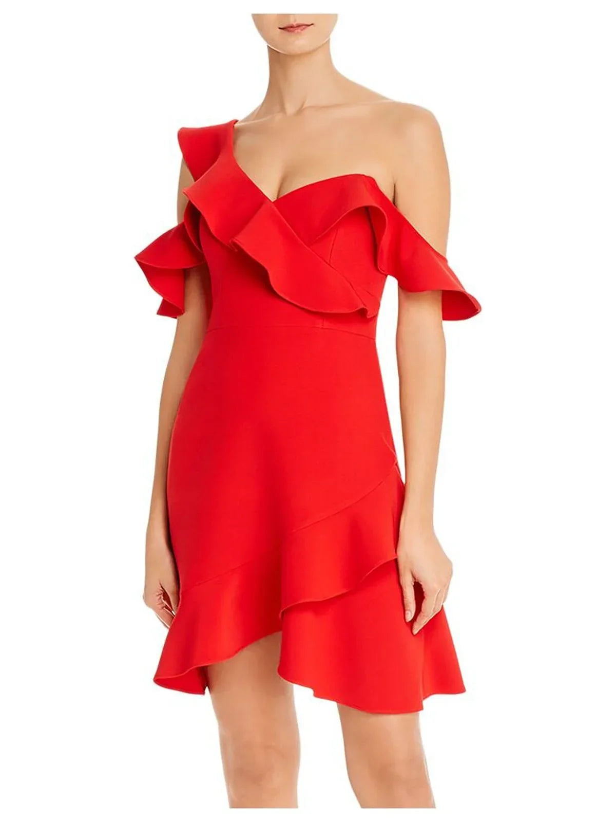 Red Neckline Party Short + Cold Flare MAXAZRIA Fit Womens Dress BCBG Asymmetrical 12 Shoulder