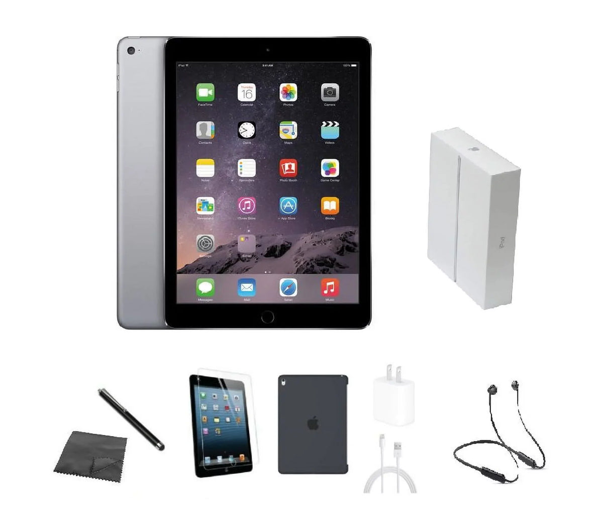 Headset, w/ Box, 16GB 2 Charger Case, Tempered Stylus, Restored Apple (Refurbished) Space Bundle Gray A1566 Bluetooth Glass, iPad Air (WiFi)