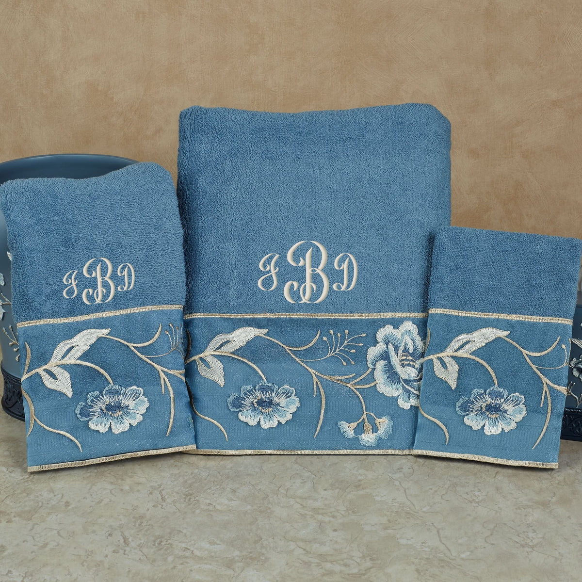 Bath Floral 3 BHW of Cotton Towel Embroidered Set Dublin Rose Blue