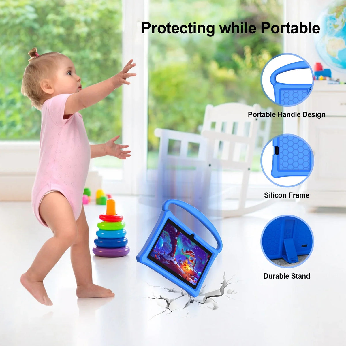 for Protective Kid-Proof Apps Parental Android 32GB Tablet, 2GB BAKEN 11 Case, Tablet Google Play(Blue) Tablet, Learning 7 Children Bluetooth, Toddlers Pre-Installed Control RAM inch ROM, Kids WiFi6,