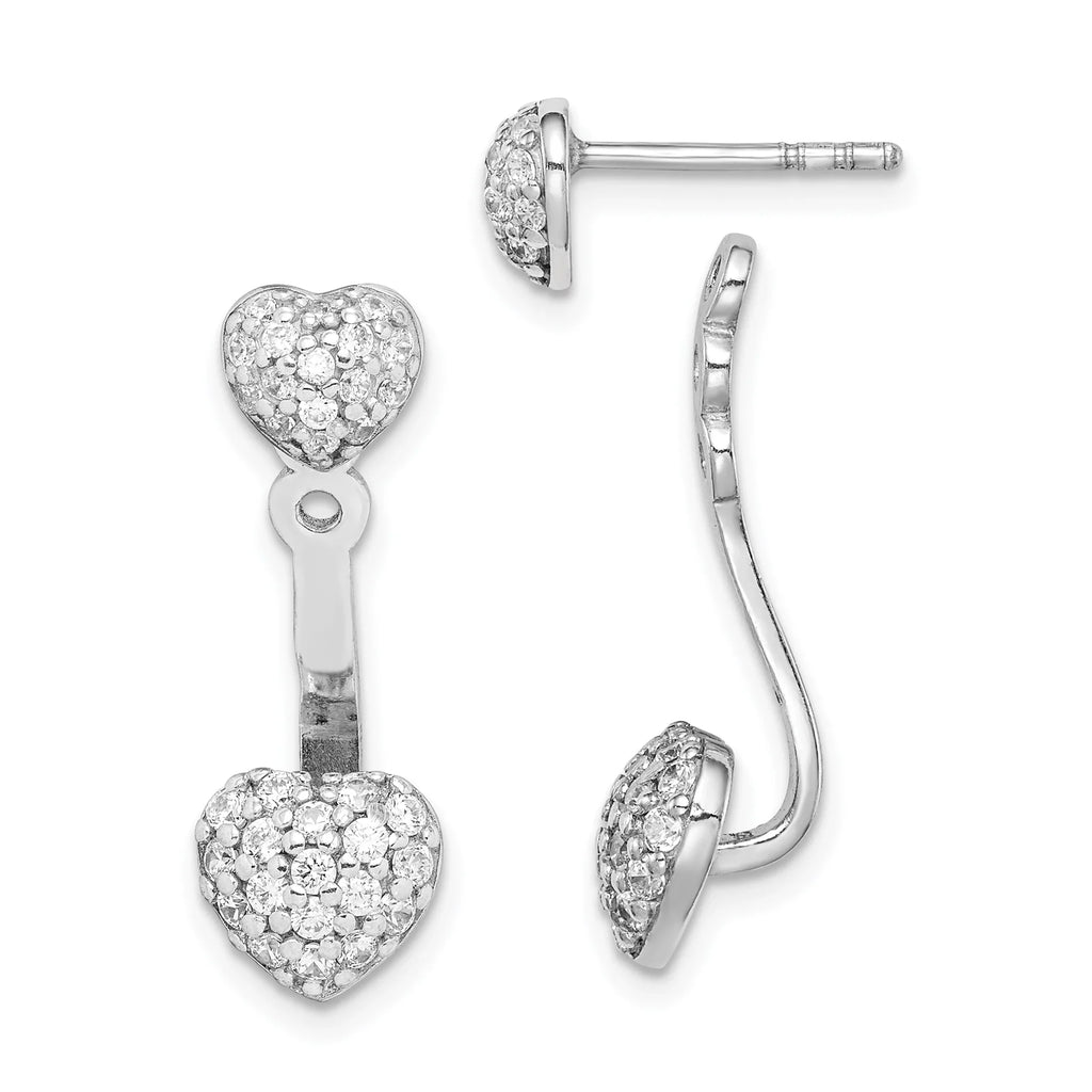 Rhodium-plated Silver CZ Primal Earrings with Post Jacket Silver Sterling Heart