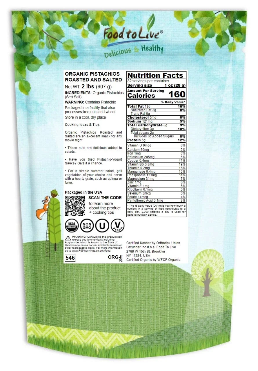 Shell, Live Pistachios Roasted to California Bulk) (2 Pounds) and Food (In Organic Salted, Non-GMO,