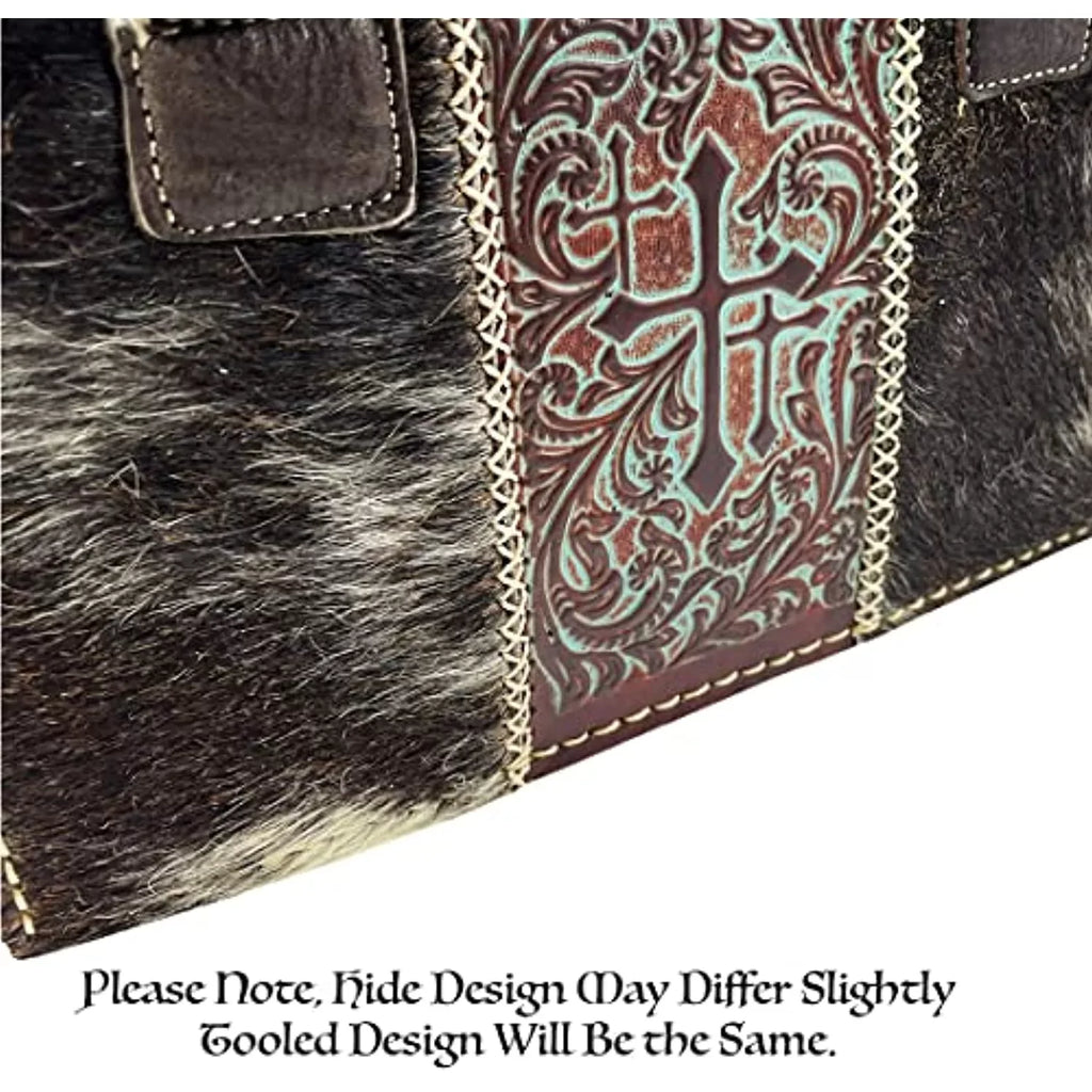 Brown) Dark Purse Urbalabs Genuine for Leather Women Brown Shoulder Over with the Western Stitched Tote Purses In Hand Zipper Crosses Bag Handbag Tooled (Dark Western CowHair
