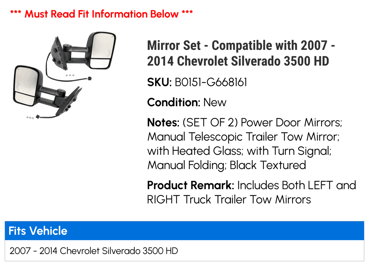 Mirror Set 2012 2014 2007 2010 Silverado 2013 Compatible HD 2011 2009 with - - 2008 Chevy 3500