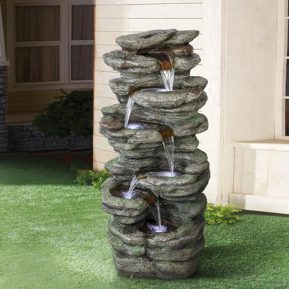 Water Fountain Patio Decor Outdoor 40''H Natural Meedzom Floor for Lighted Garden Polyresin LED Fountain