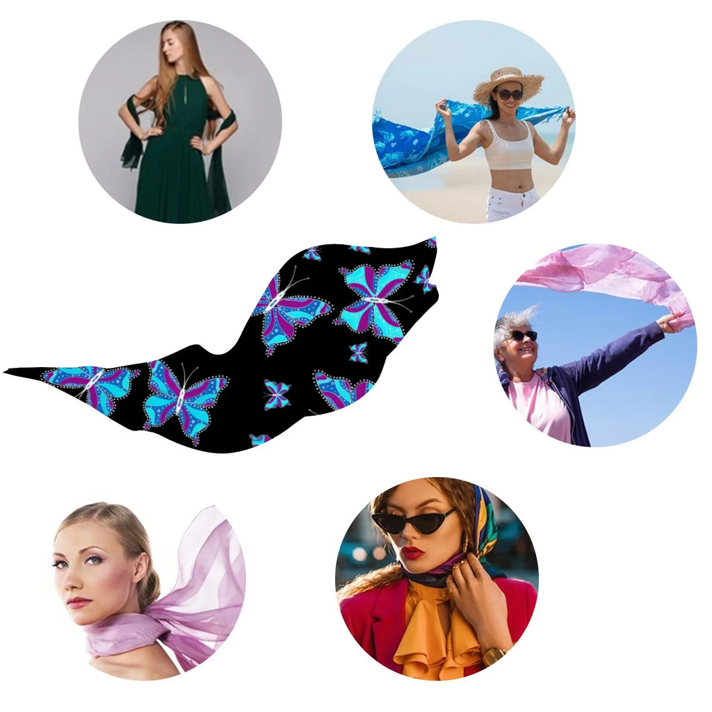 FREEAMG Long Different Butterflys Large Gift Oblong Neck Silk Shawls Women Wraps Headscarf Packed Scarf Sunscreen for Wraps Hair