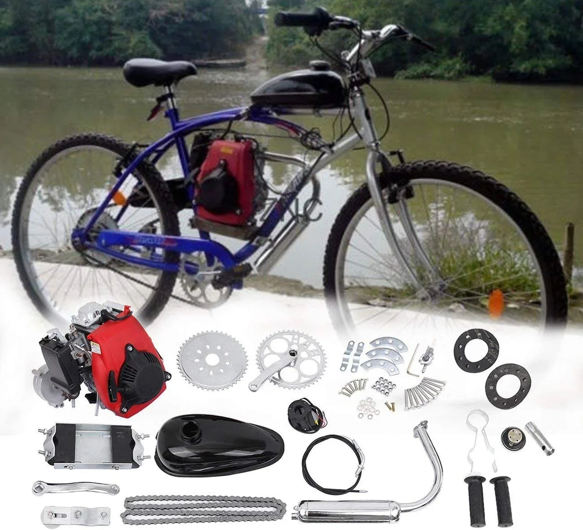 Cycle Gasoline 53cc Conversion Super Gas PEXMOR 4-Stroke Bicycle Motor Bike Fuel-efficient Set Motorized Refit Bike for 26-28" Petrol Engine Motor V-Frame Bikes Motor Bicycle Kit, Kit, with Kit