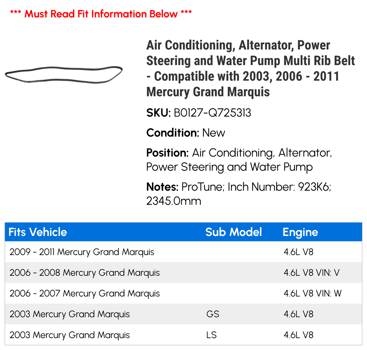 Water Alternator, 2008 and Mercury Steering 2009 Air - Power Conditioning, Pump with 2010 Rib Grand 2006 Multi 2007 - Compatible 2011 2003, Marquis Belt