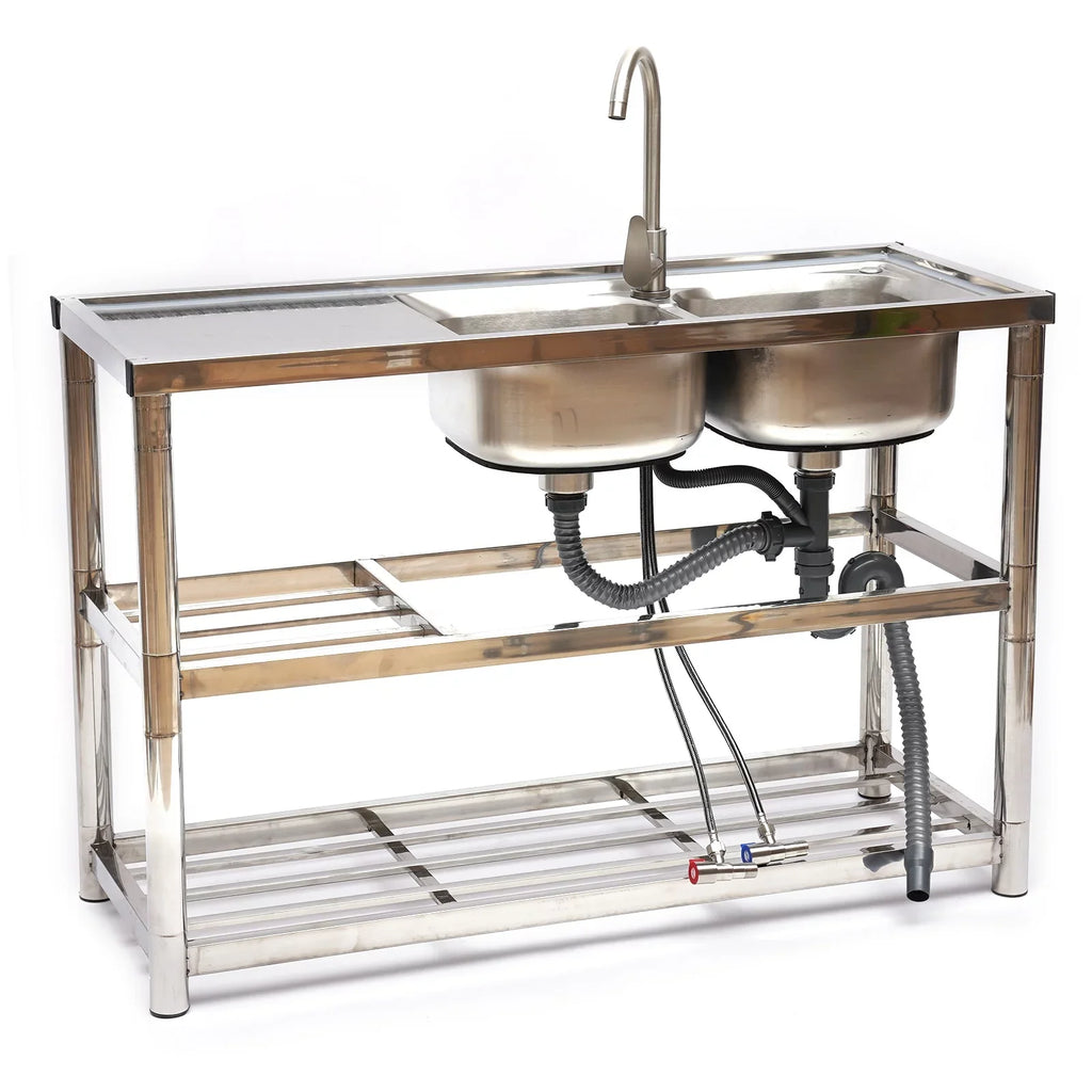 Utility Prep Faucet+2 Compartment Sink Commercial Sink Drainboard Stainless Table+360° Catering 2 Steel Kitchen Loyalheartdy Basin