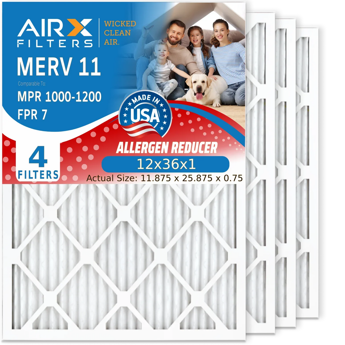 Electrostatic Filter MERV & FPR 1200 Filter CLEAN by 1000, 12x36x1 12x36x1 AIR. MPR AIRX Furnace WICKED Filters Made MPR Pack Premium to Comparable FILTERS 7 Pleated 11 USA Air Air HVAC Conditioner 4