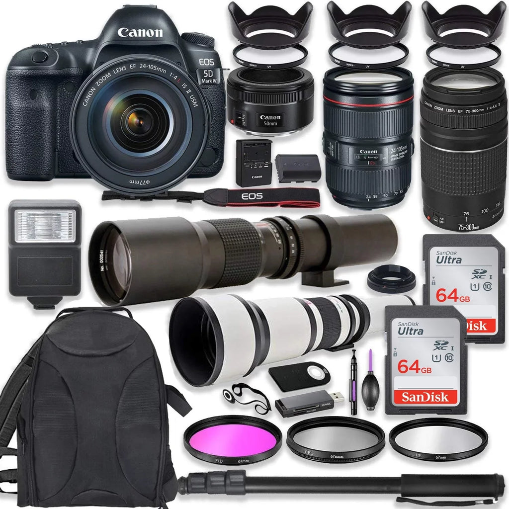 '+ EF 128GB f/1.8, 5D IV Monopod Lens, III Backpack Lens DSLR 500mm USM EOS Canon Memory 650-1300mm Lens 50mm w/ 24-105mm & + Canon + + Mark Bundle Professional Lens Canon + Camera 75-300mm Bundle