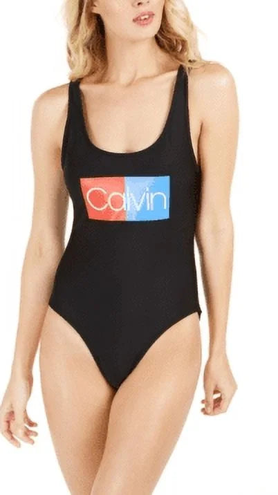 Swimsuit, Large One-Piece BLACK Calvin Klein US Logo Deep U-Back