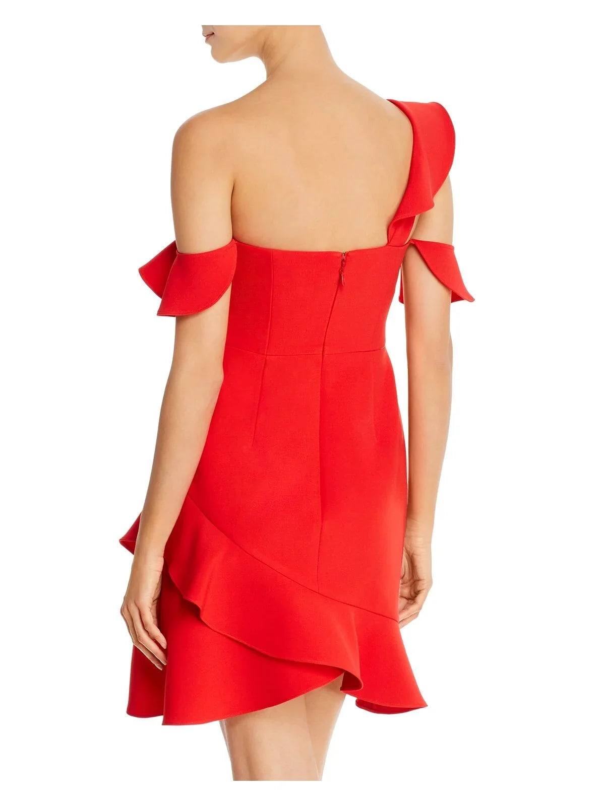 Red Neckline Party Short + Cold Flare MAXAZRIA Fit Womens Dress BCBG Asymmetrical 12 Shoulder