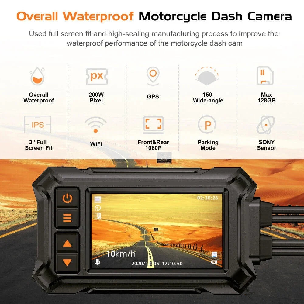 Front Dash Motorcycle WIFI A12 3" 1080P Vision Rear Night Waterproof Camera GPS