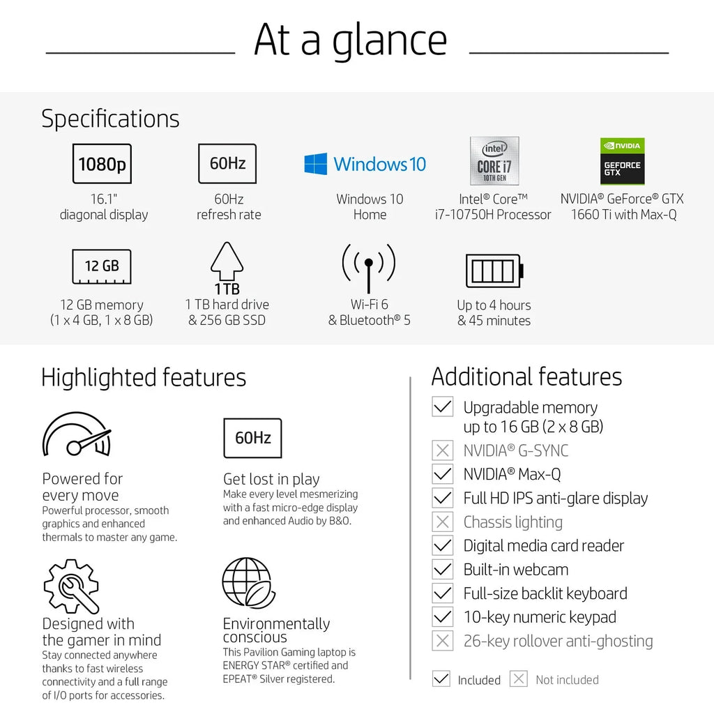 Laptop Gaming - 16.1" 16-a0075cl 256gb Max-Q 10 GeForce + - Pavilion HP Hdd Keyboard DDR4 IPS Ti FHD Backlit i7-10750H - SSD - Windows - Memory - 12GB 1TB Anti-Glare 1660 GTX Non-touch WLED-backlit