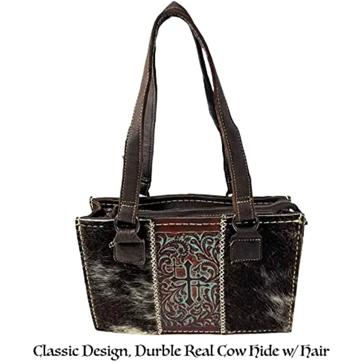 Brown) Dark Purse Urbalabs Genuine for Leather Women Brown Shoulder Over with the Western Stitched Tote Purses In Hand Zipper Crosses Bag Handbag Tooled (Dark Western CowHair