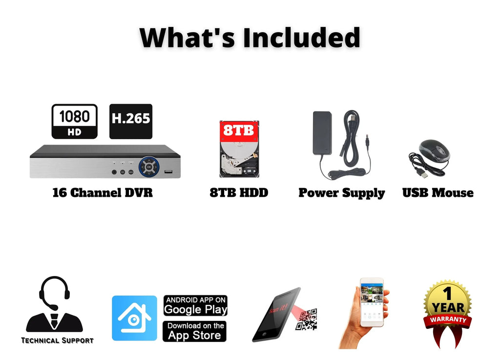 Compatible 16 Hybrid Cameras AHD Evertech Analog Camera Recorder TVI CVI 1080P 8TB DVR Security with Channel HDD with