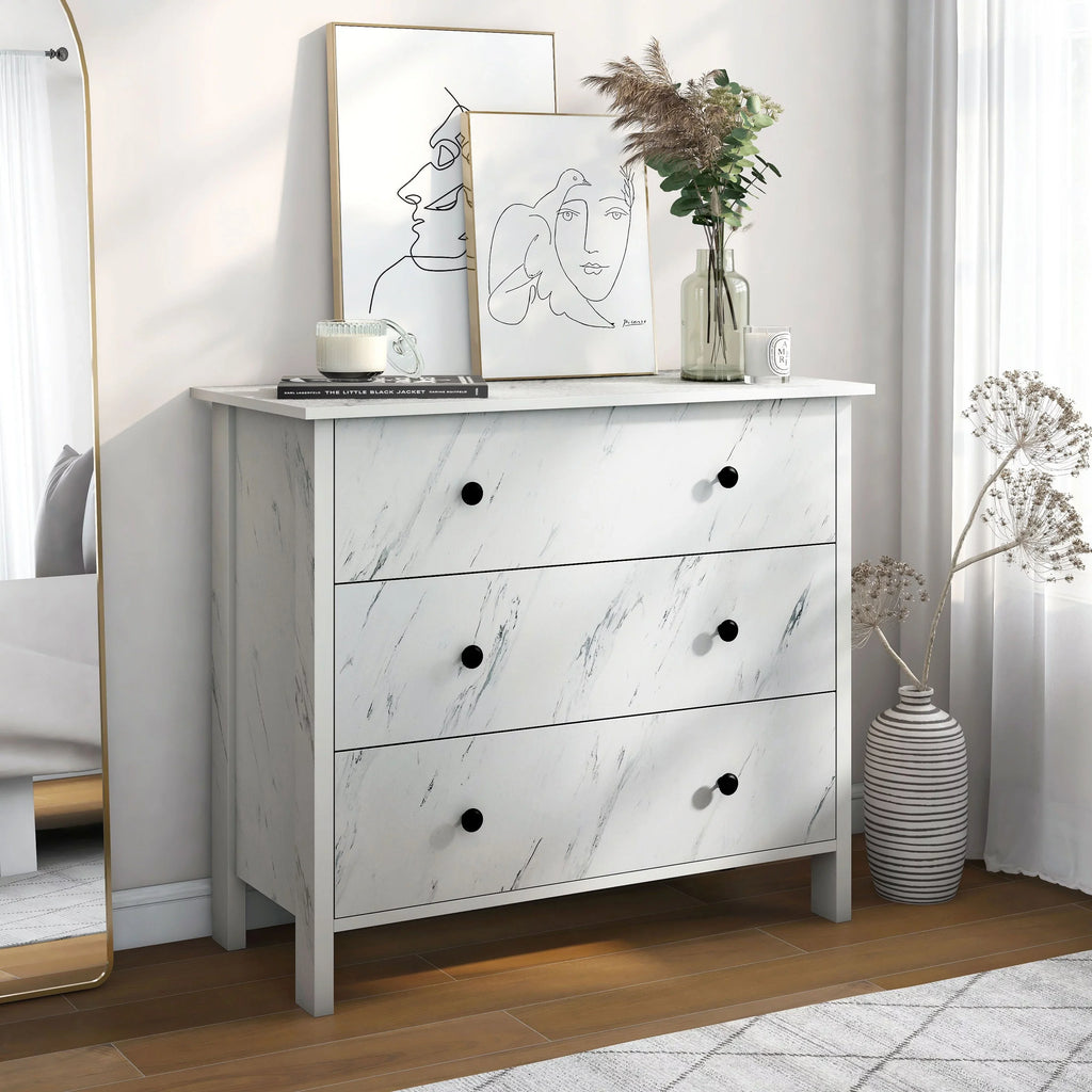 White Youth 34-inch Wide DH Denhour by Dresser BASIC Transitional Marble 3-Drawer Neutral