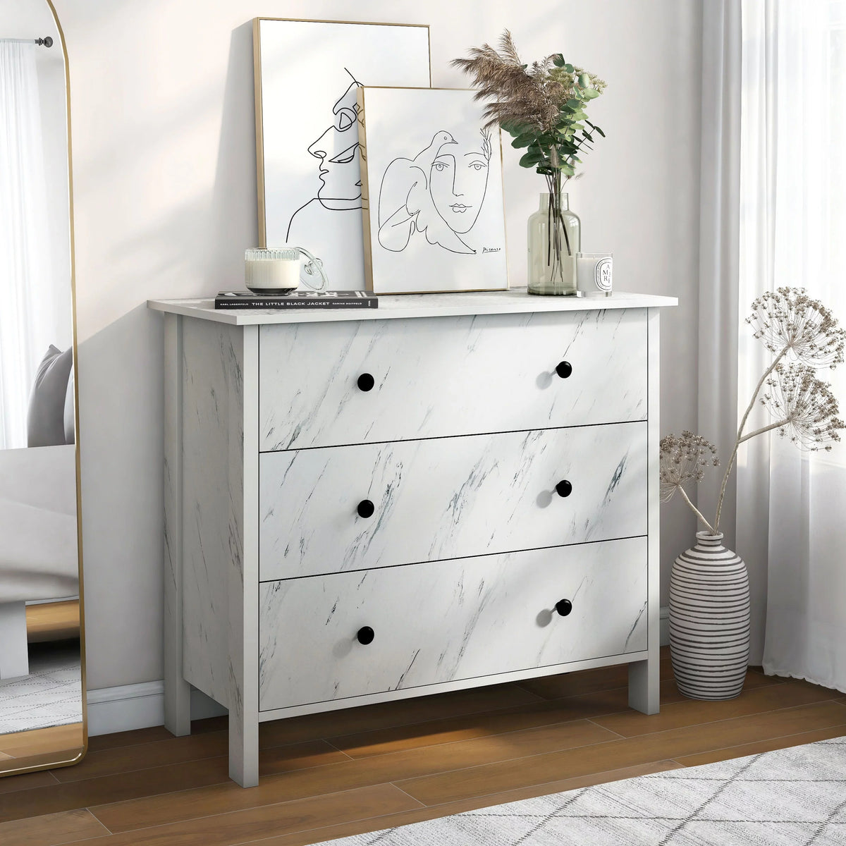 White Youth 34-inch Wide DH Denhour by Dresser BASIC Transitional Marble 3-Drawer Neutral