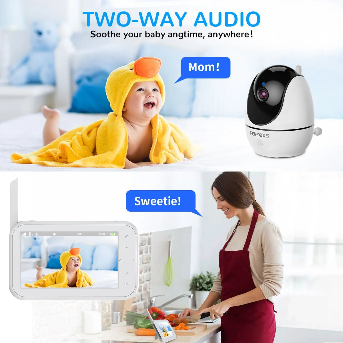Vision,Tem-Sensor, Auto Camera Talk, 1080P Febfoxs Wifi Baby with & Night Audio, Monitor Screen Pan&Tilt&Zoom, Two-Way No LCD 4.3"