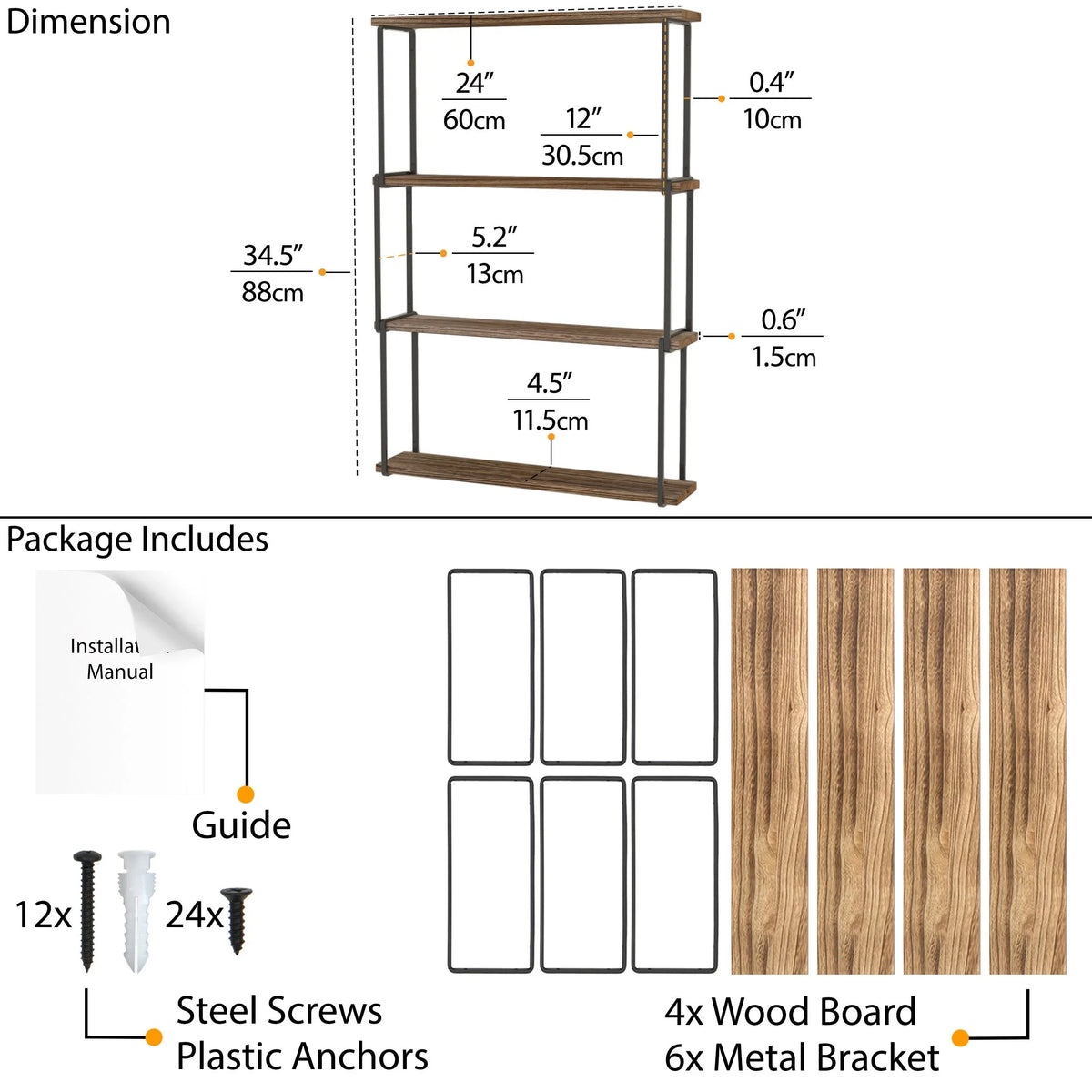 Porto Farmhouse Wood Natural Burned Organizer, 4-Tier for Laundry Shelves Kitchen Bookcases Storage Wallniture Wall Rustic Floating