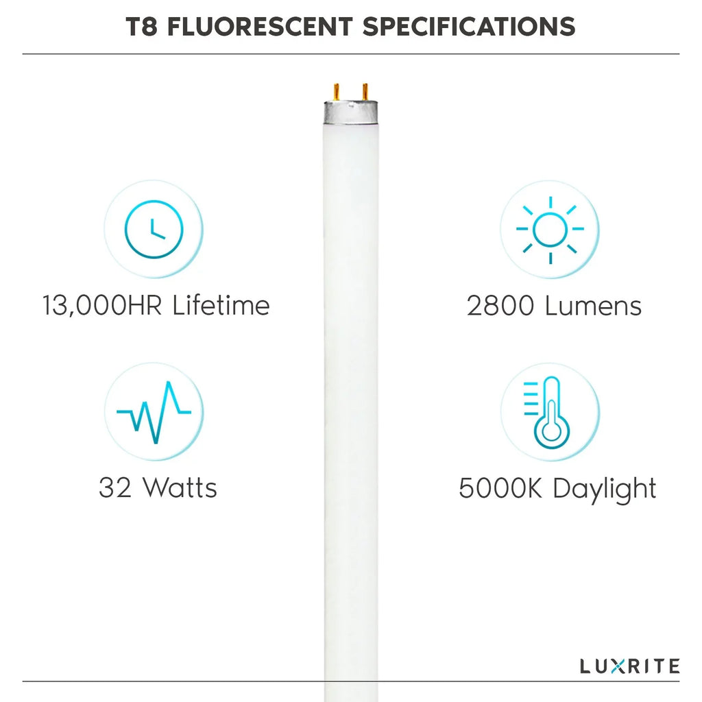 LR20734, Fluorescent Lumens, Bright Bulb, T8 48 Luxrite Tube G13 Base, 2800 Light White, F32T8/850 Medium 32W Bi-Pin 12-Pack Inch 5000K