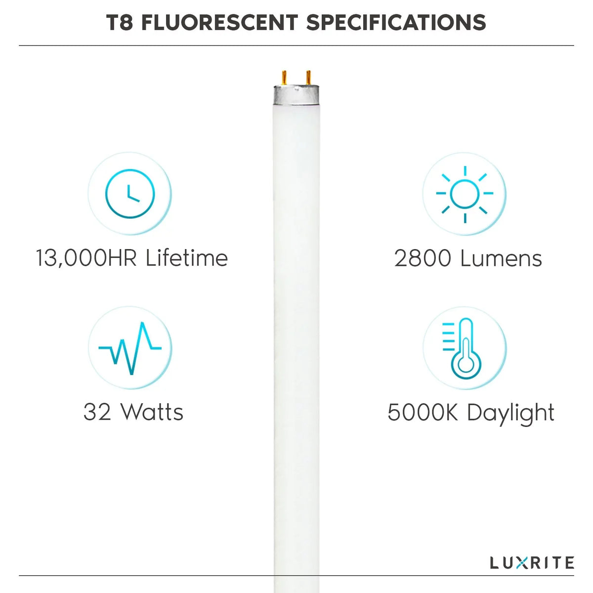 LR20734, Fluorescent Lumens, Bright Bulb, T8 48 Luxrite Tube G13 Base, 2800 Light White, F32T8/850 Medium 32W Bi-Pin 12-Pack Inch 5000K