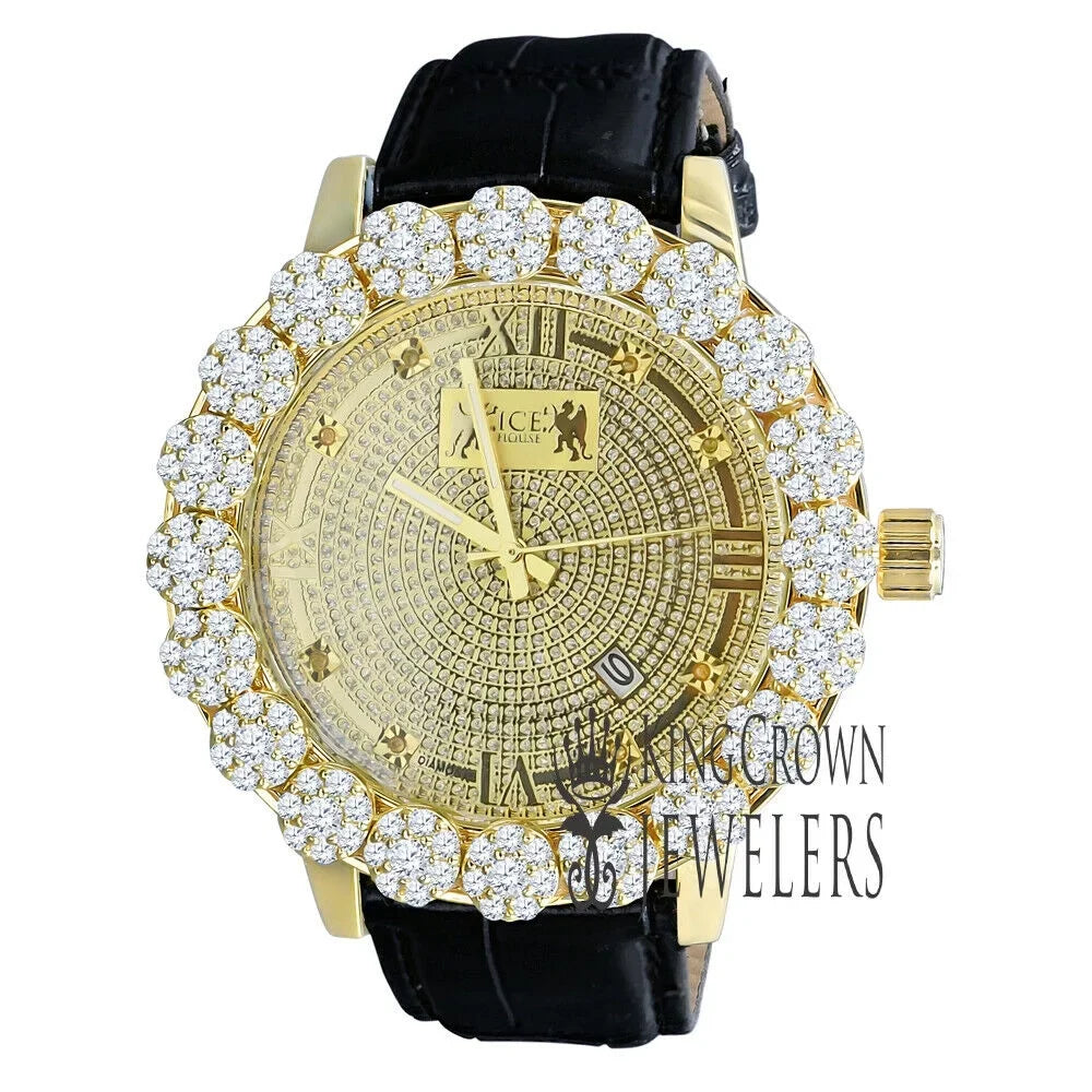 Face Watch Khronos Diamond W/Date Dial Bezel Wrist Leather Mens Gold Flower Tone Roman Genuine Genuine