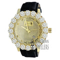 Face Watch Khronos Diamond W/Date Dial Bezel Wrist Leather Mens Gold Flower Tone Roman Genuine Genuine