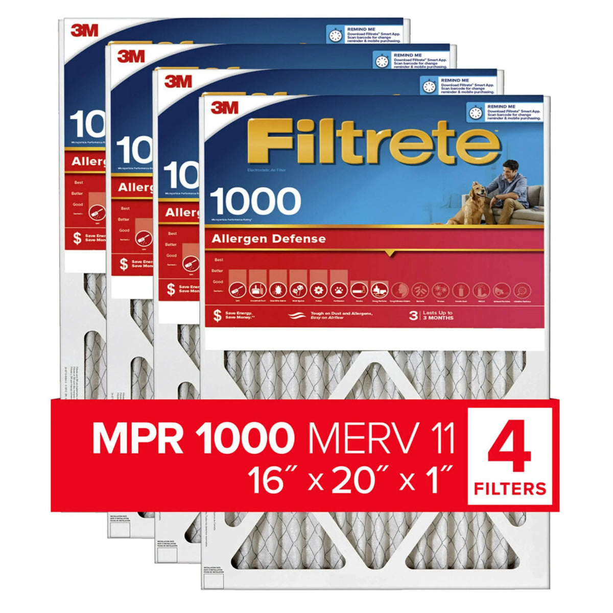 Filtrete 1000 Filters MERV Defense, 11, Filter, Allergen MPR 16x20x1 Air 4