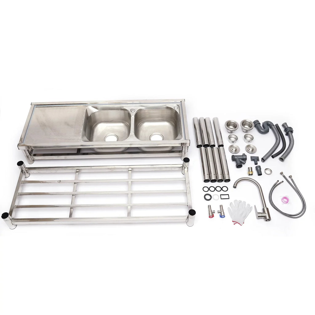 Utility Prep Faucet+2 Compartment Sink Commercial Sink Drainboard Stainless Table+360° Catering 2 Steel Kitchen Loyalheartdy Basin