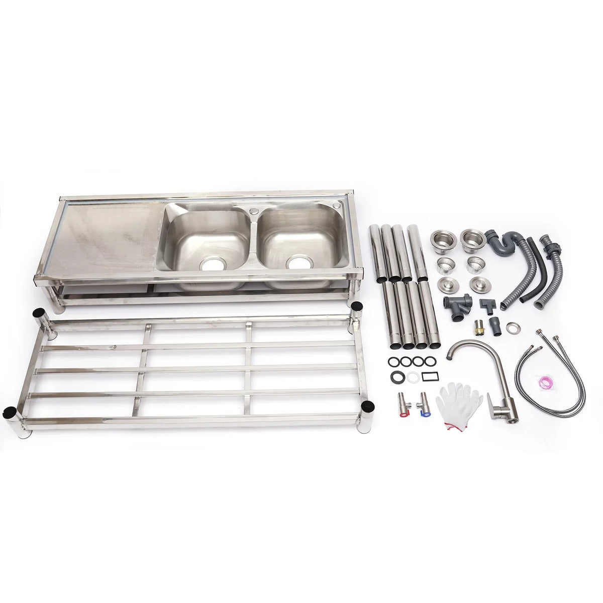 Utility Prep Faucet+2 Compartment Sink Commercial Sink Drainboard Stainless Table+360° Catering 2 Steel Kitchen Loyalheartdy Basin
