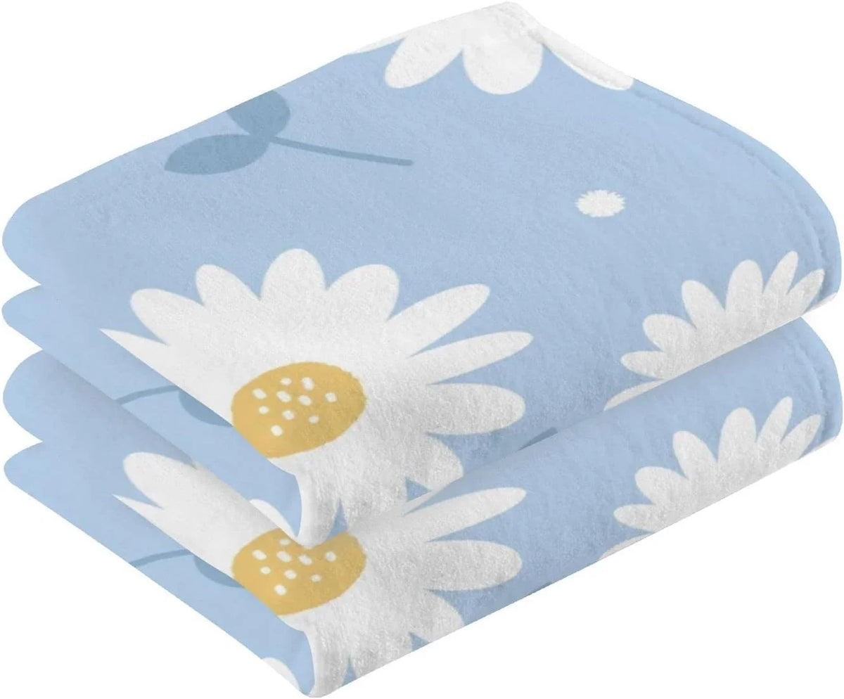 Face Highly Daisy Towel Washcloths, Bath Flower Wellsay Cotton Absorbent Set Pack of Hand 2 Towel- Quick-Dry Blue