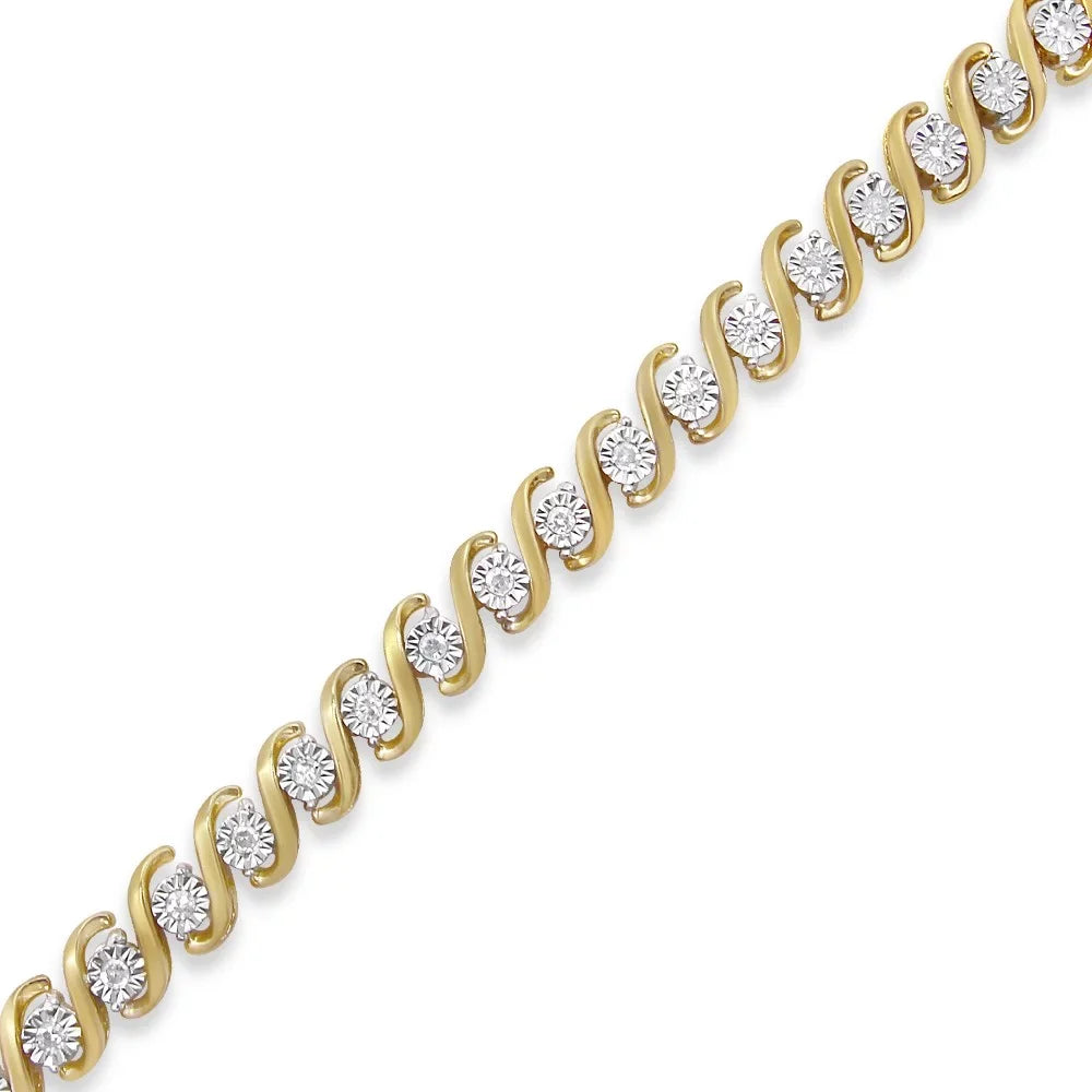 Diamond 14K Tennis (I-J Clarity) .925 Round Plated Bracelet S-Curve - Yellow Color, Gold Cttw Miracle-Set Sterling I3 Silver 1/2 7"