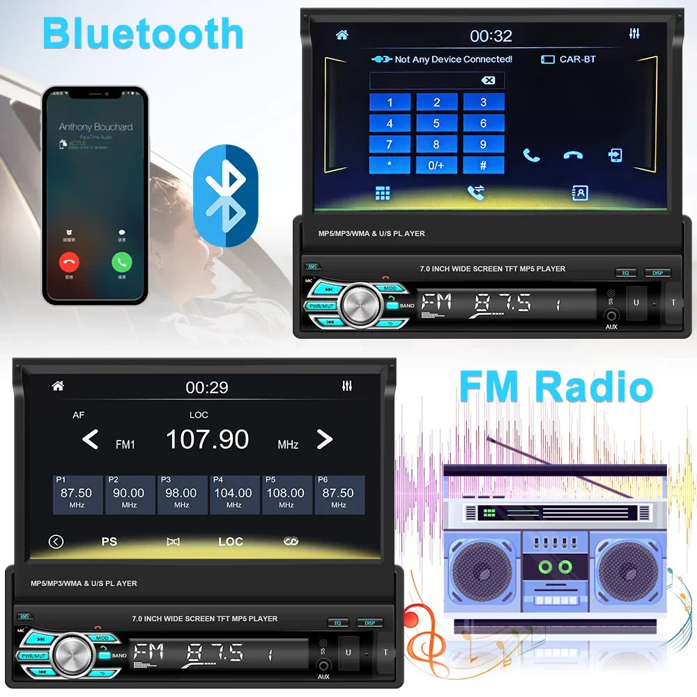 Single FM 7" Backup Carplay Touchscreen Bluetooth Player Radio HD DIN Car Apple Video Function, Retractable Podofo Universal 12 Auto Android Link 1 Camera LED Auto Mirror with Stereo