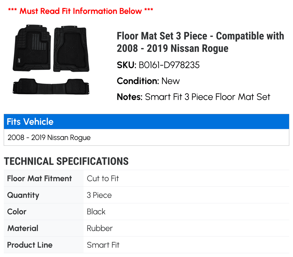 2014 2008 Rogue 2015 2016 3 Floor 2017 2012 2019 2018 - Compatible 2013 Piece Nissan 2011 2009 Mat - Set 2010 with