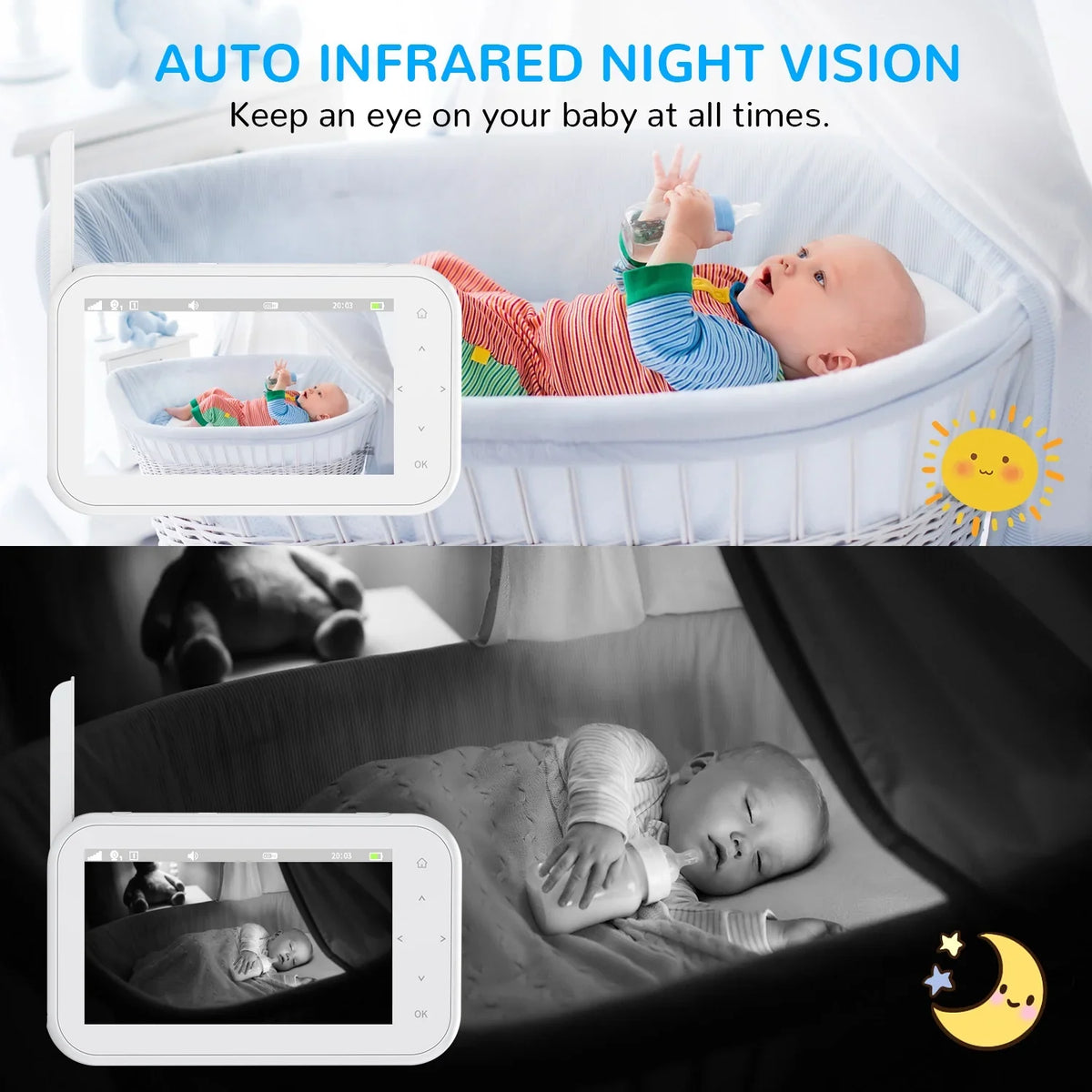 Vision,Tem-Sensor, Auto Camera Talk, 1080P Febfoxs Wifi Baby with & Night Audio, Monitor Screen Pan&Tilt&Zoom, Two-Way No LCD 4.3"