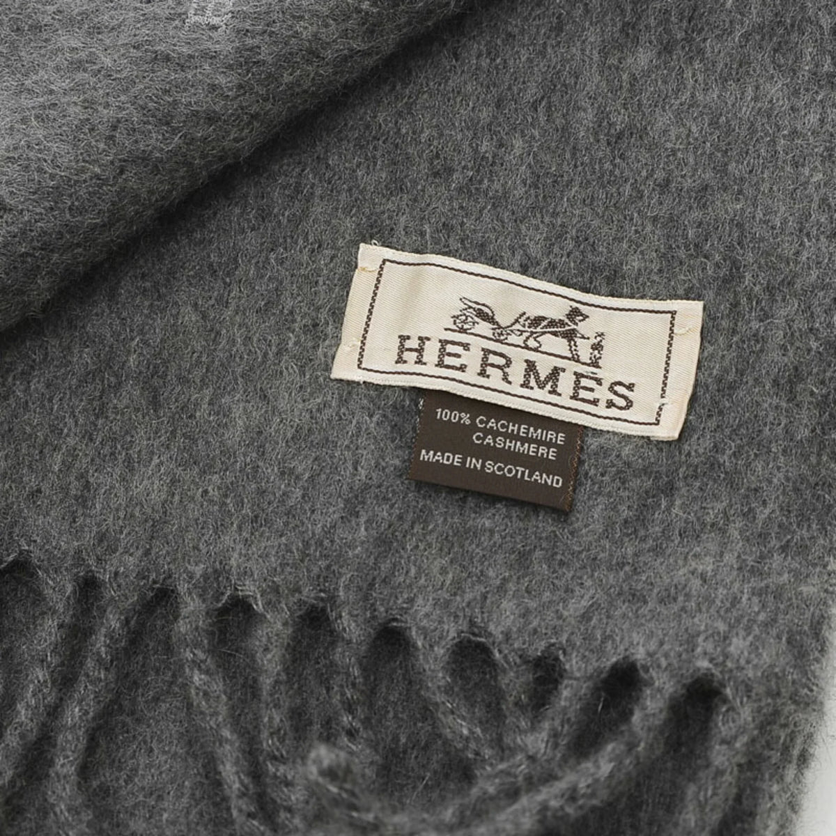embroidery Hermes scarf Pre-Owned gray cashmere logo 100% fringe (Good)