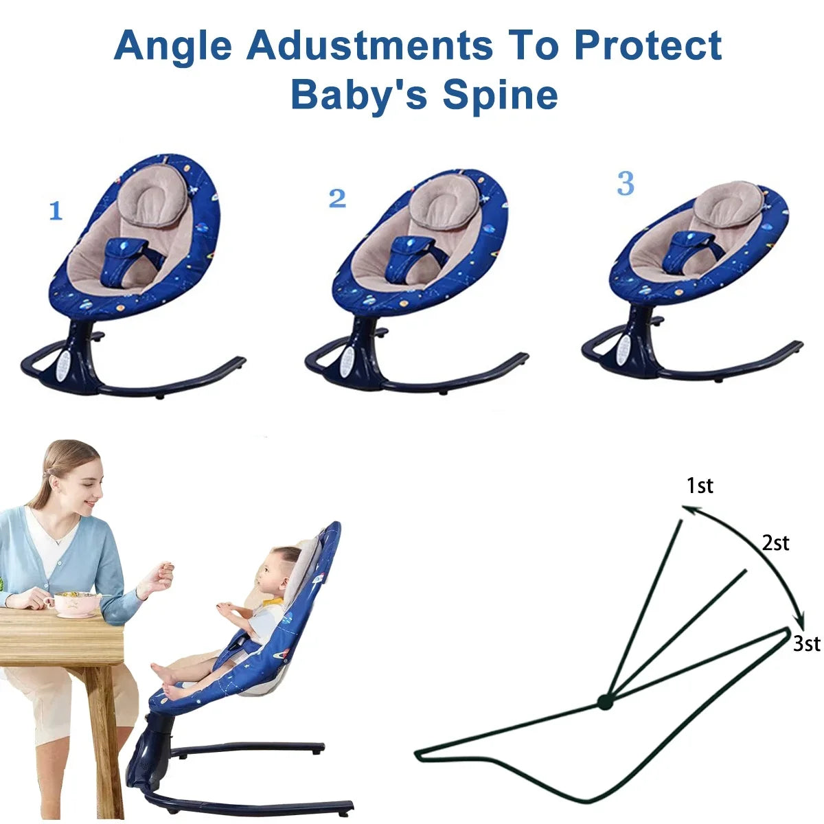 Infant Music and - Swing Outdoor, Seat Swings Portable Control 3 Baby Bluetooth for Indoor with Positions, Speaker Remote Blue 4 Speeds Baby and for Swing Infants, with