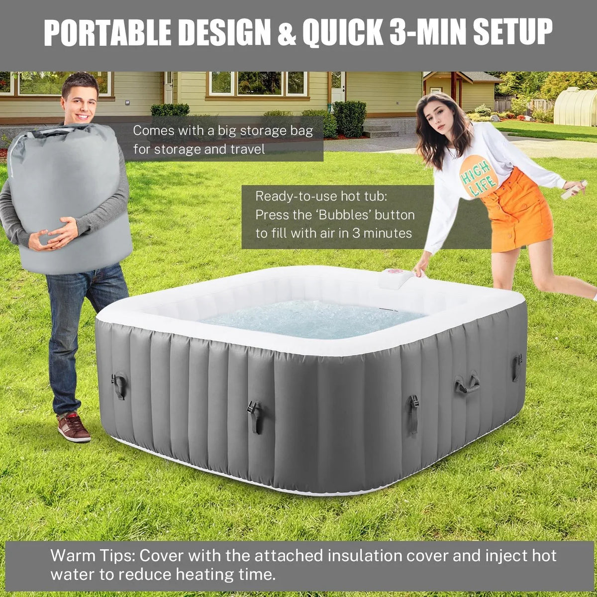 Hot Capacity Home Hidden 73''Inflatable Lockable with Storage Hot Spa 910L Jets, Person 130 Outdoor for Tub, 104℉, Max Indoor Mat, Tub Massage 6 Bag, Cover, Machine,