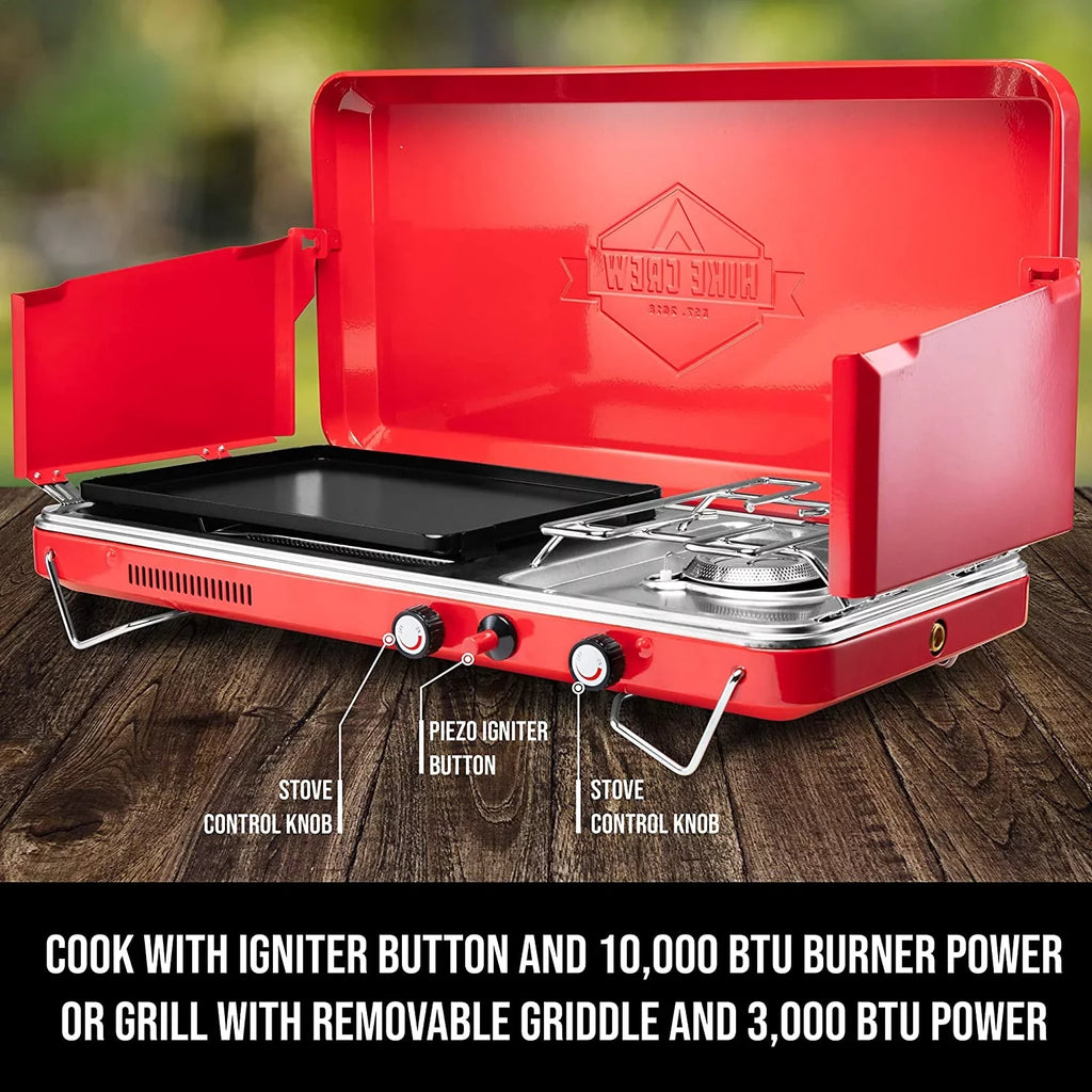 Hike Grill/Stove, Crew, 2 Burners Propane Gas Camping Stove, 2in1 Portable