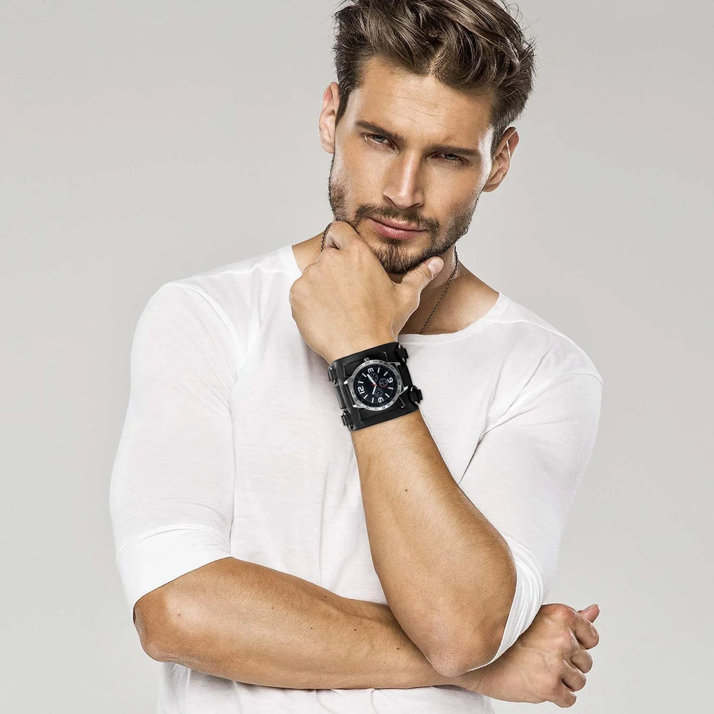 Leather Sport Watch Quartz Hip-hop Retro Costume Wide Watches Dial Mens Watch Wrist Cuff Big Replaceable Japan Halloween for Steampunk Genuine Bracelet Military Black Gothic
