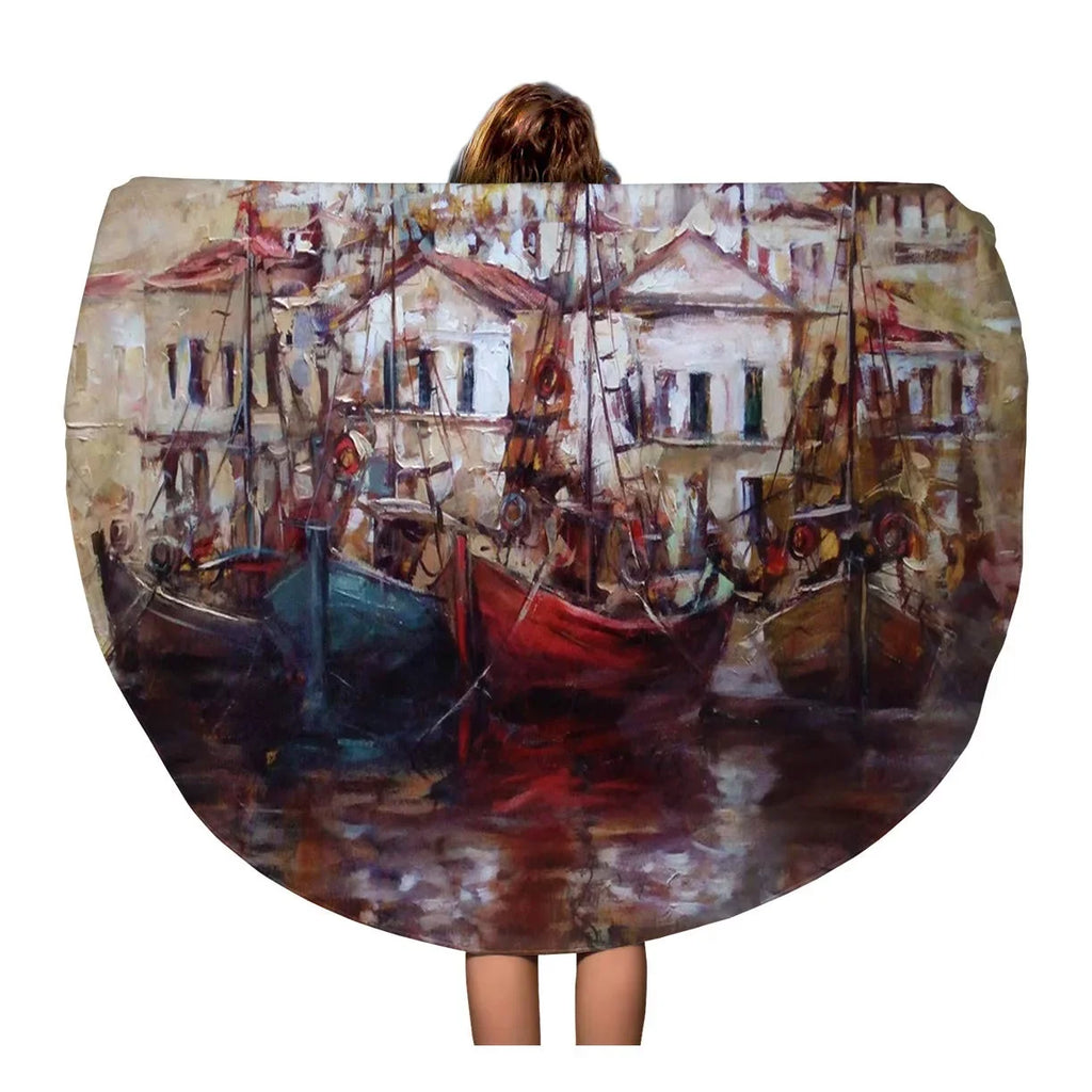 Oil 60 Towel Towels Beach Mat inch Beach Throw Tapestry Circular Canvas on Boats Red Travel Painting Roof Circle Round SIDONKU Blanket Island Harbor
