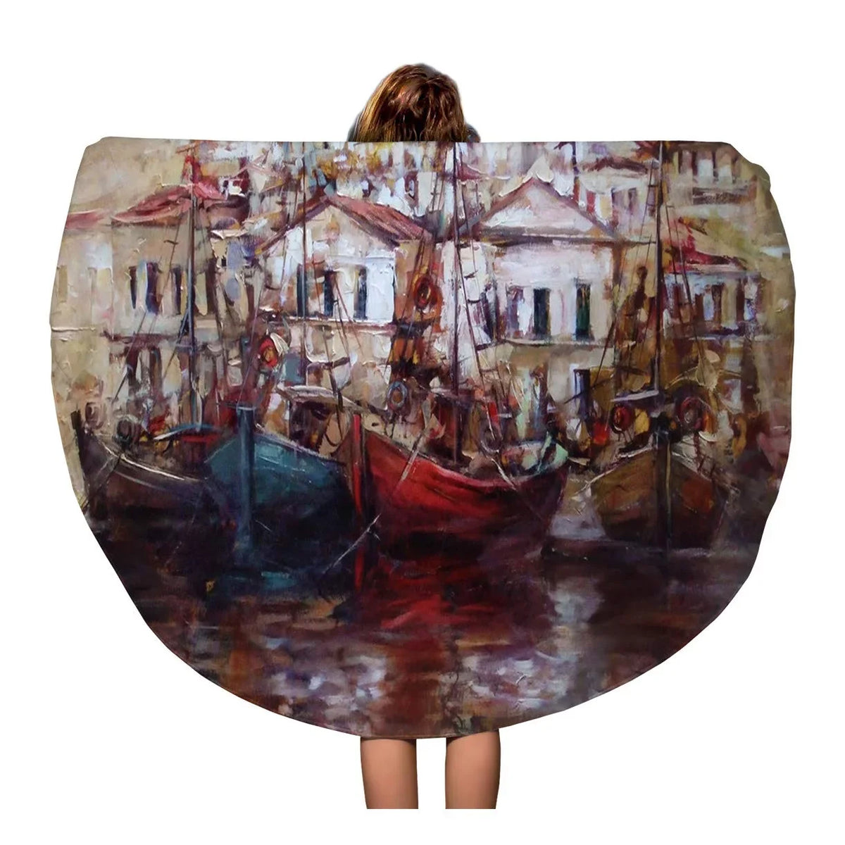 Oil 60 Towel Towels Beach Mat inch Beach Throw Tapestry Circular Canvas on Boats Red Travel Painting Roof Circle Round SIDONKU Blanket Island Harbor