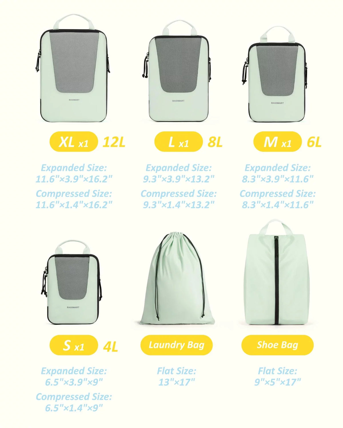 Packing Green Packing Travel Pcs for Organizers Accessories, Lightweight BAGSMART Cubes Storage for Suitcase Compression 6 Travel, Foldable Bags Luggage Expandable