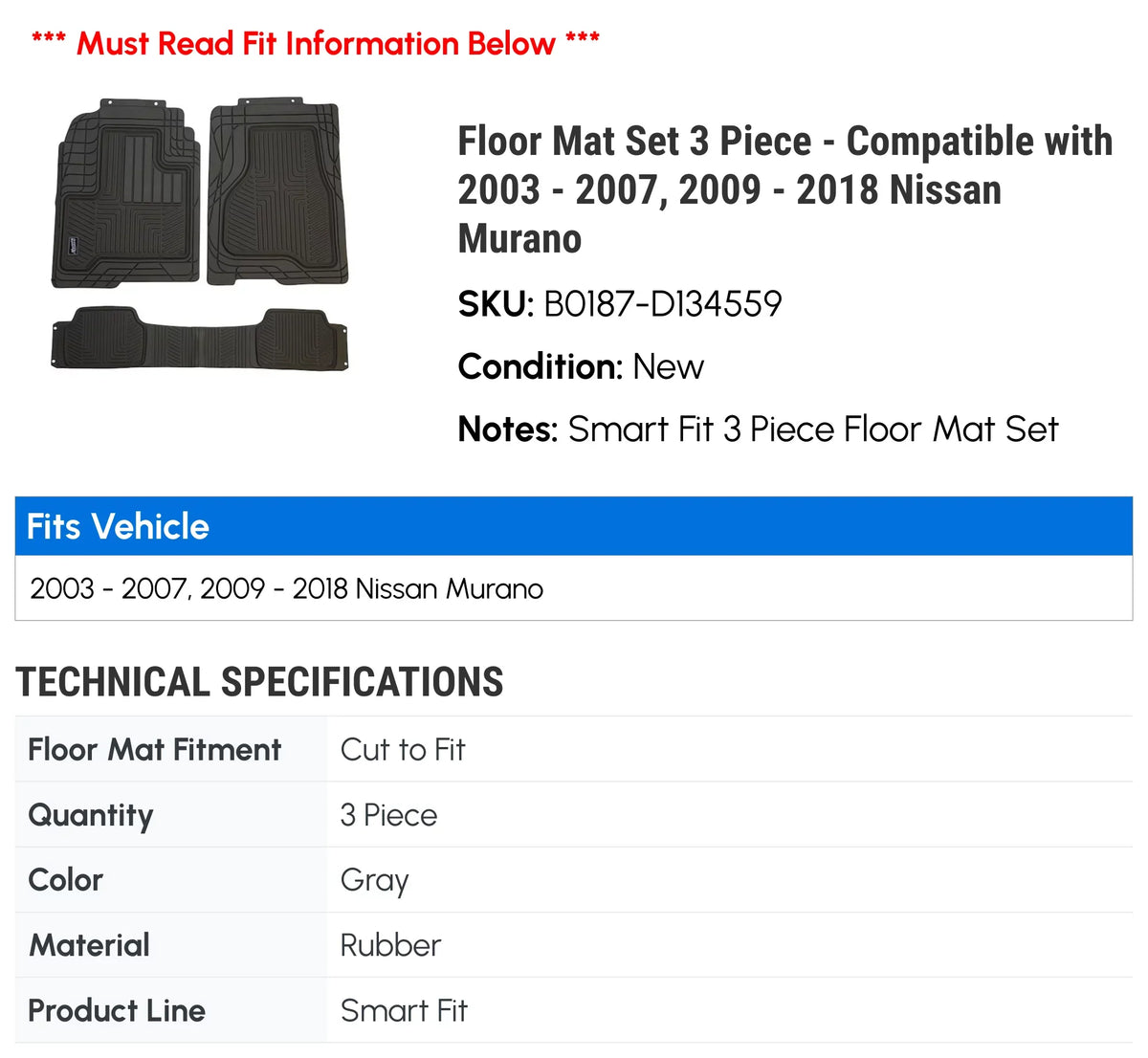 2009 - 2017 with 2015 2005 - 2012 Piece Nissan 2011 2010 2016 - Mat Compatible 2004 3 2018 2003 2006 2013 Set Floor 2007, Murano 2014