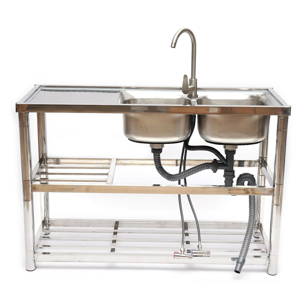 Utility Prep Faucet+2 Compartment Sink Commercial Sink Drainboard Stainless Table+360° Catering 2 Steel Kitchen Loyalheartdy Basin