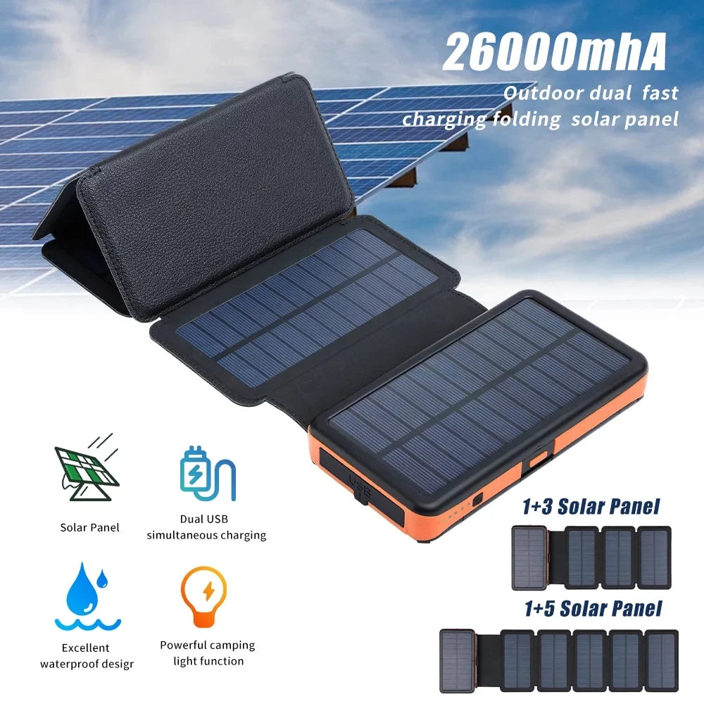 Portable Panel For Phone Battery Folding Charger Bank Power 26000mAh External Cell Solar Flashlight 6 with Solar
