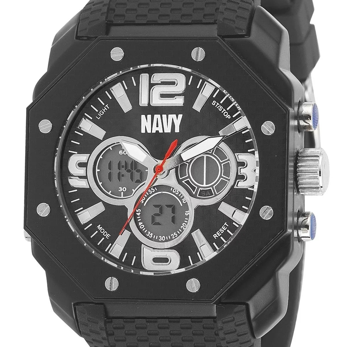 Blk Rubber Strap Dial Watch, Blk & Navy US C28